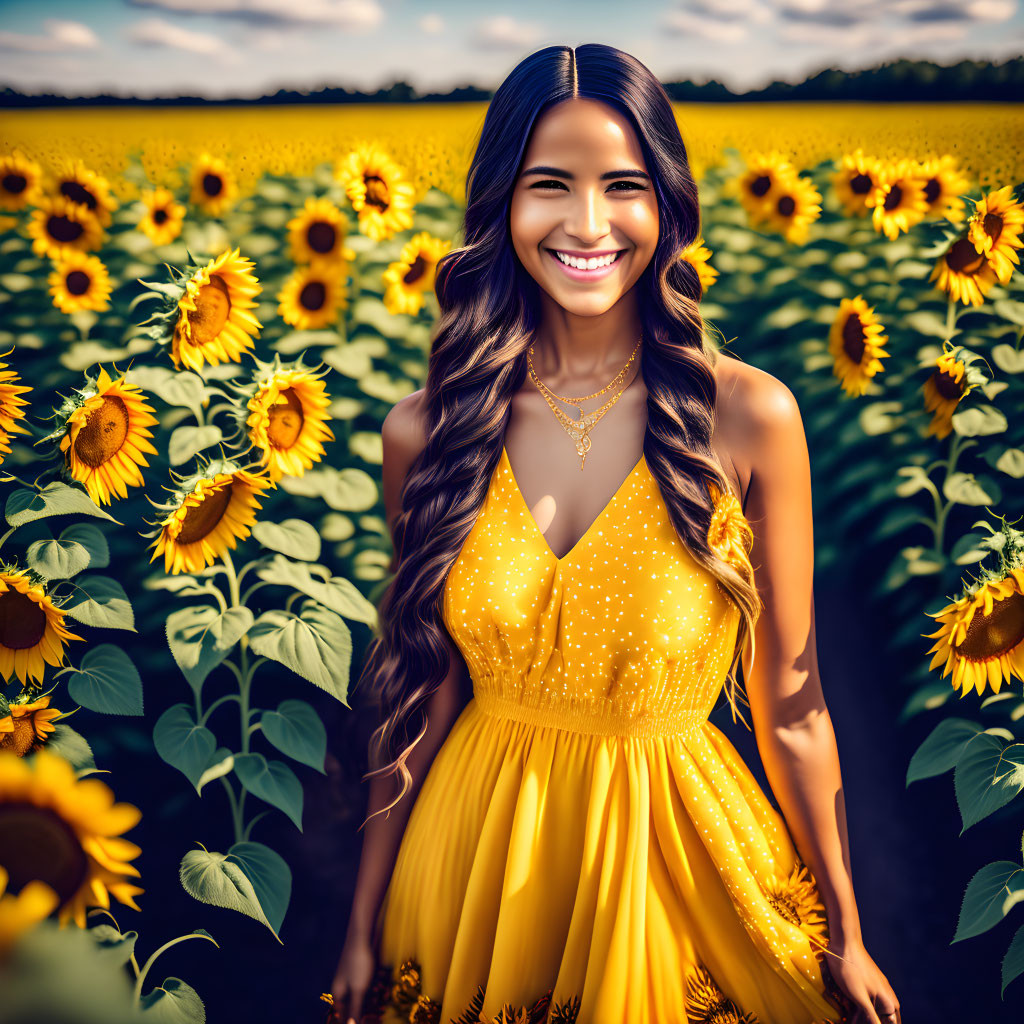 Smiling woman in yellow dress in sunflower field on sunny day