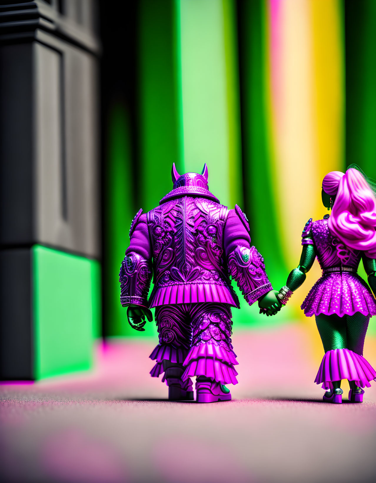 Elaborate Purple Costume Toy Figures on Green and Yellow Striped Background