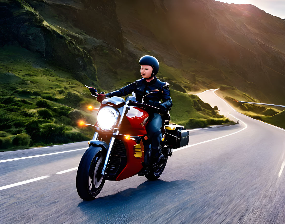 Person in helmet and leather jacket rides red motorcycle on winding mountain road at sunset