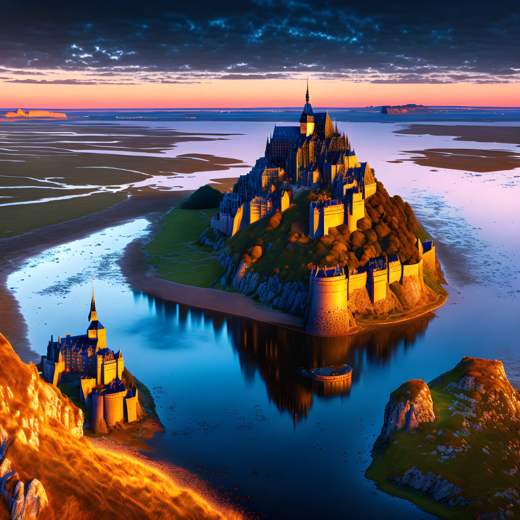 Medieval castle on tidal island at sunset with illuminated buildings