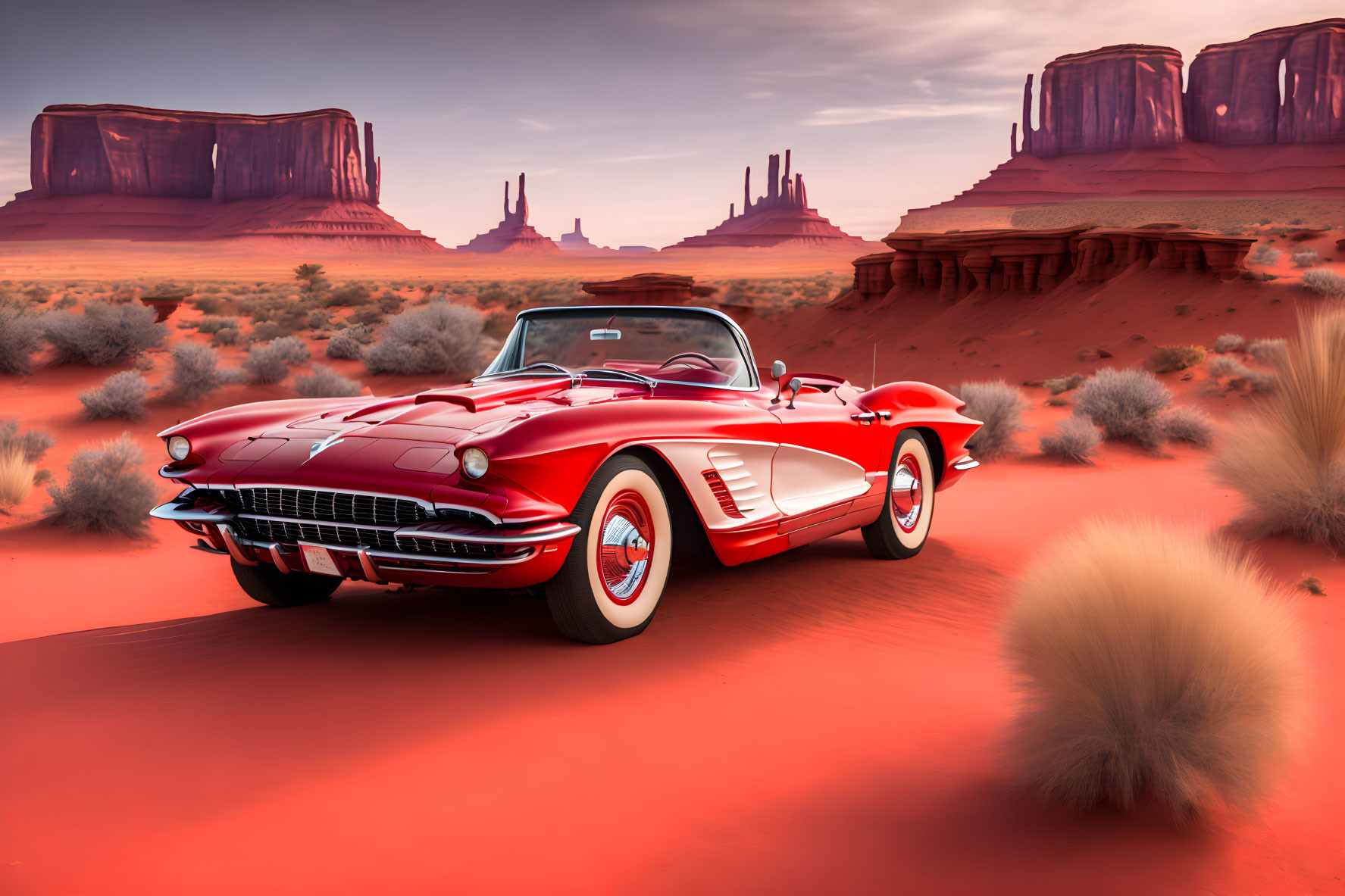 Red Convertible Car in Desert Landscape with Rock Formations and Vibrant Sky