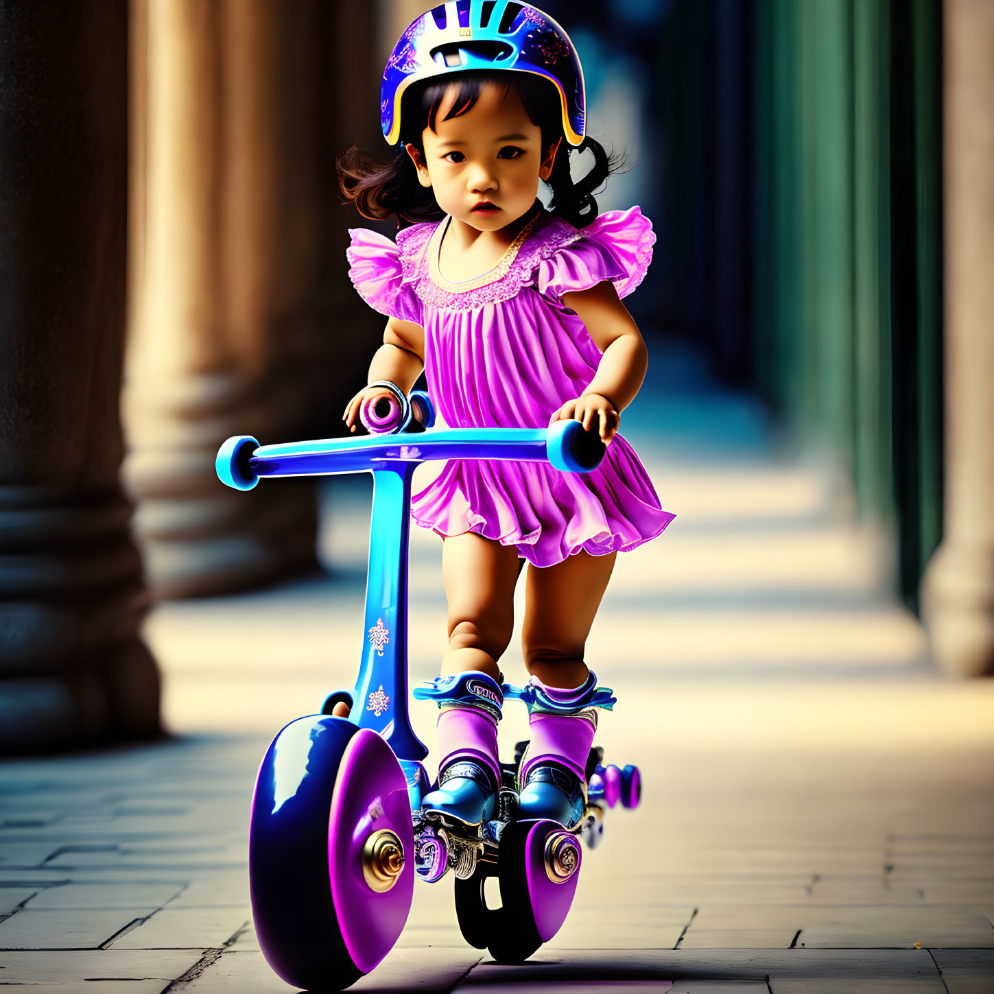 Child in Purple Dress and Safety Helmet Riding Blue Scooter with Protective Gear