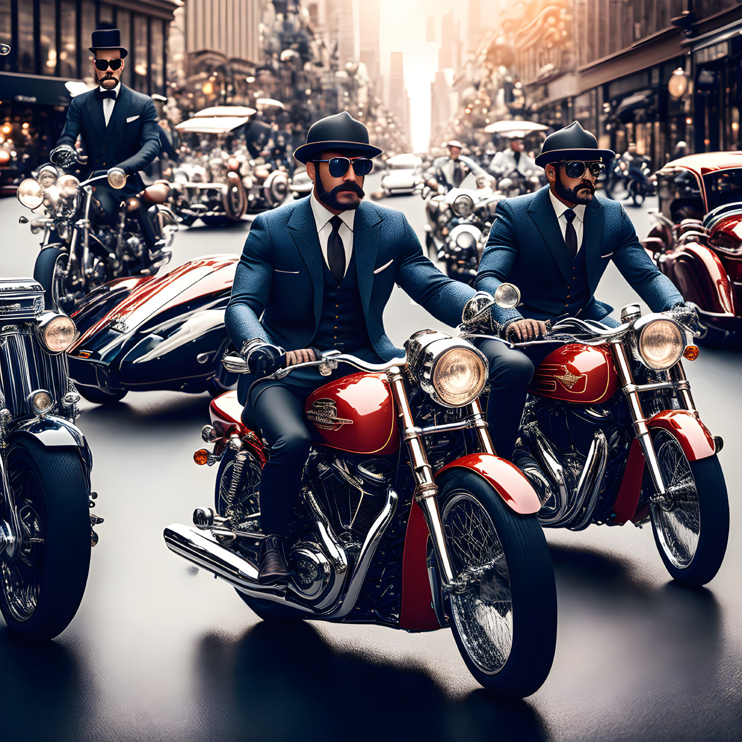 Three Men in Suits and Bowler Hats Ride Vintage Red Motorcycles in City Street Scene