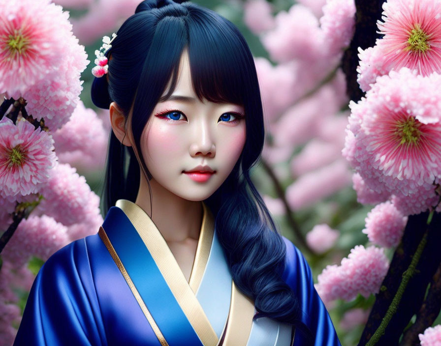 Digital Artwork: Woman in Blue Kimono with Pink Blossoms