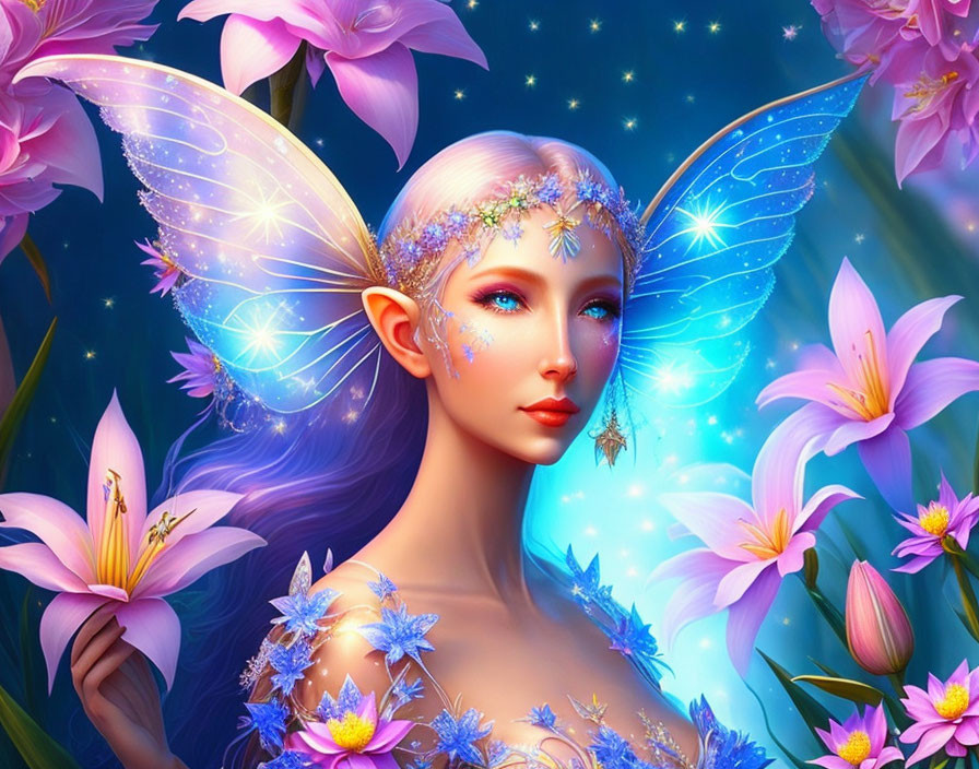 Translucent-winged fairy with pink lilies in floral attire on cerulean background