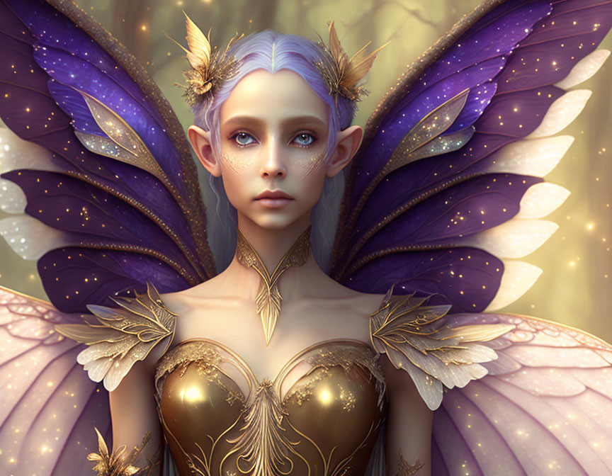 Fantasy digital artwork: Female character with purple butterfly wings and elfin ears in gold attire on golden