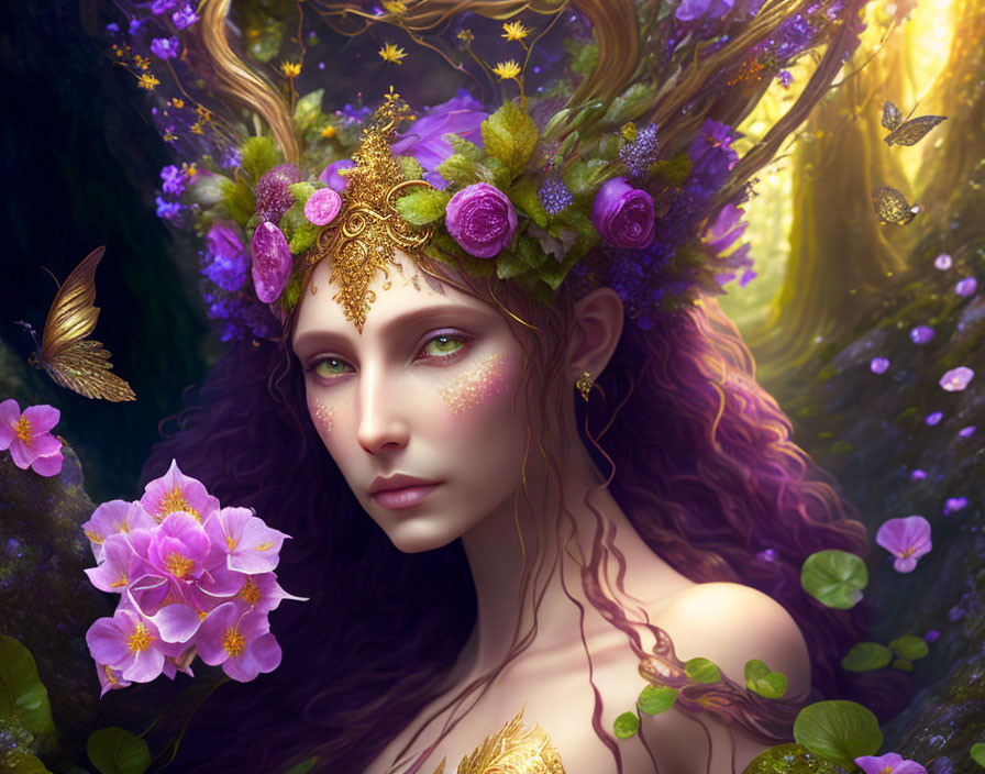 Woman with floral crown and glittering makeup in forest surrounded by flowers and butterflies