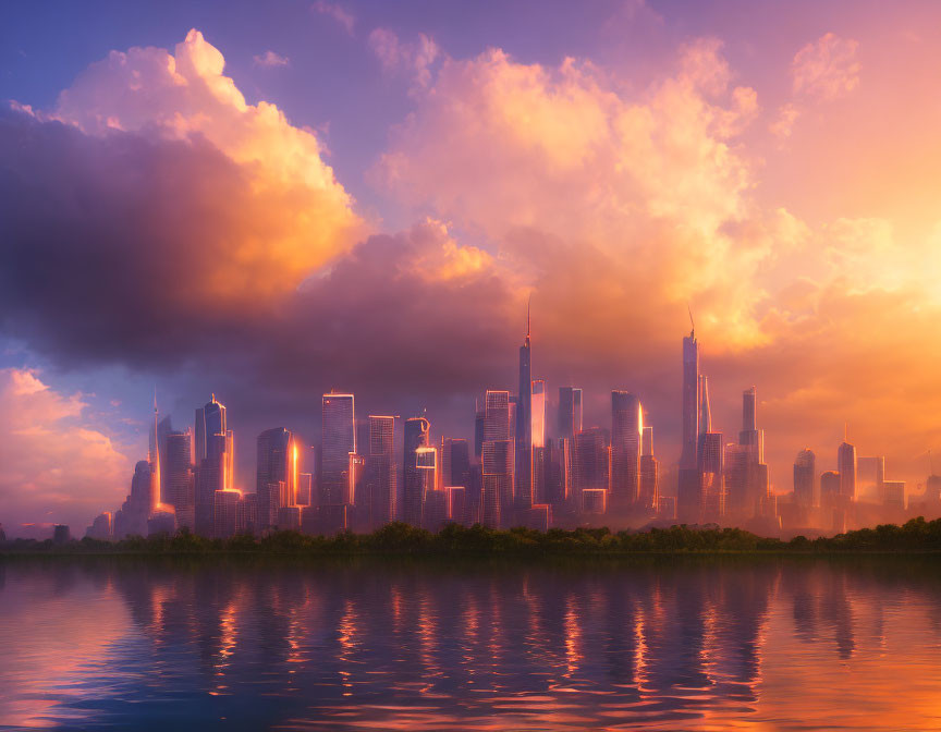 Sunrise City Skyline Reflecting Golden Light on Skyscrapers