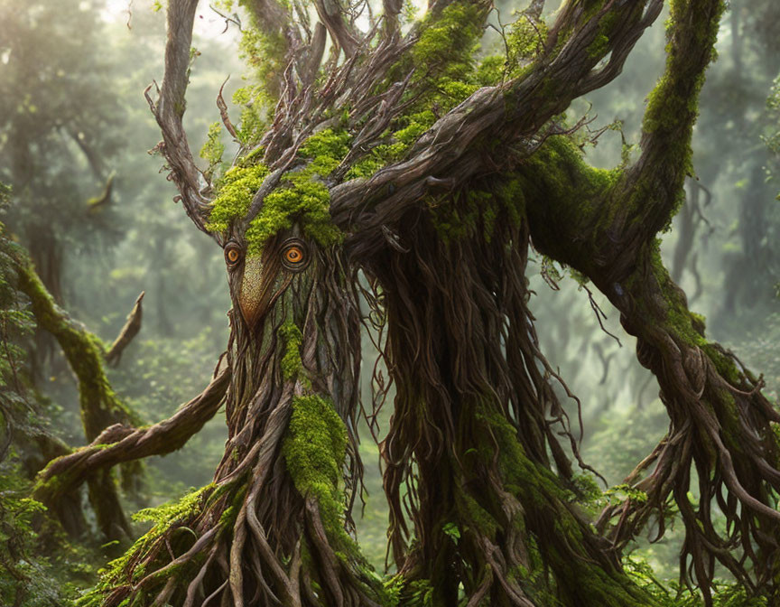 Tree with face, moss-covered branches, glowing amber eyes