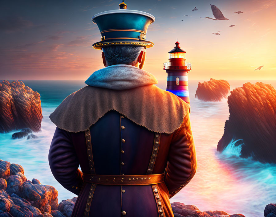 Person in navy uniform gazes at lighthouse on rocky coast at sunset