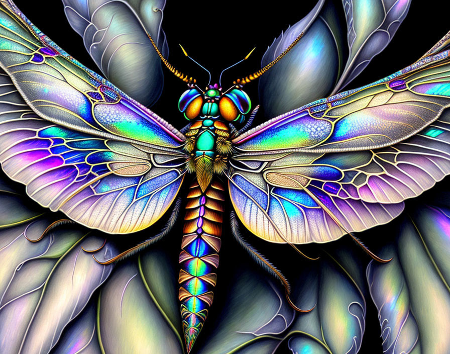 Colorful iridescent butterfly art against dark background