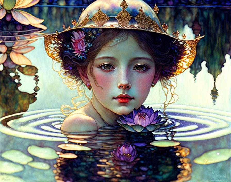 Whimsical painting of young girl with hat in water lilies landscape