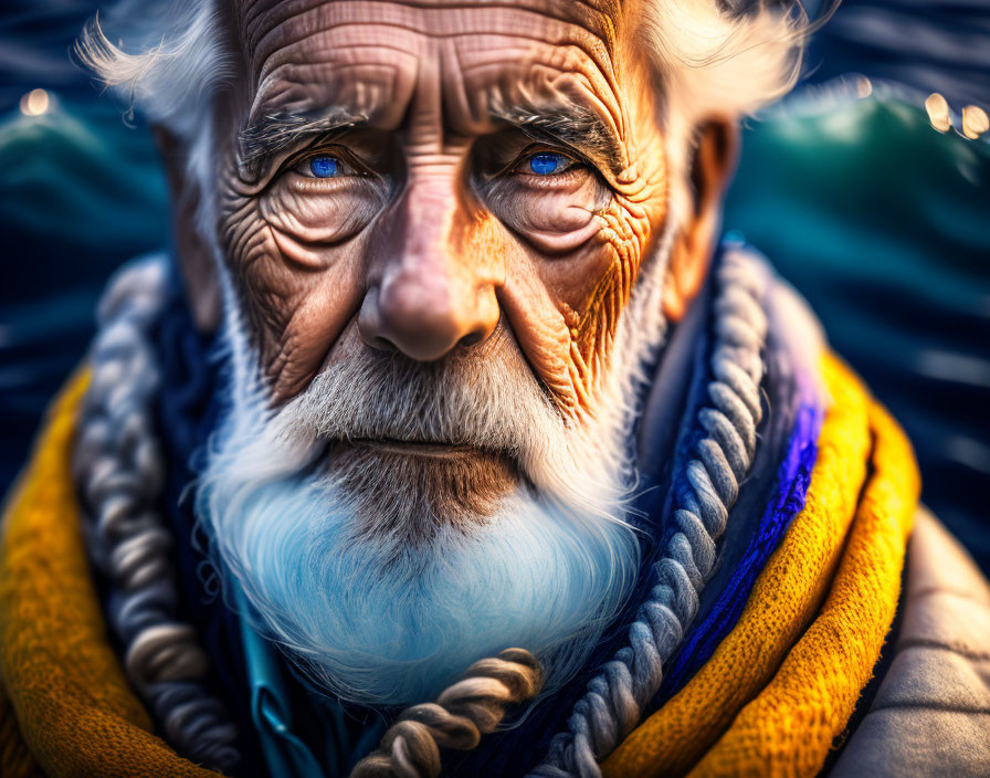 Elderly man with white beard and blue eyes in yellow scarf on blurred blue background