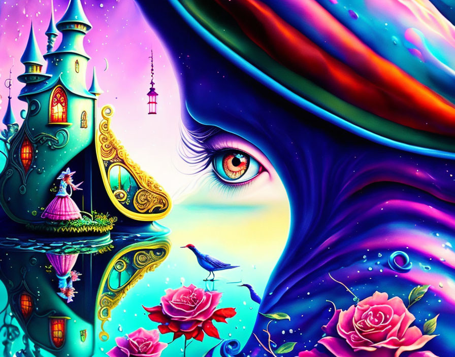 Fantasy castle scene with eye, roses, bird, and whimsical sky