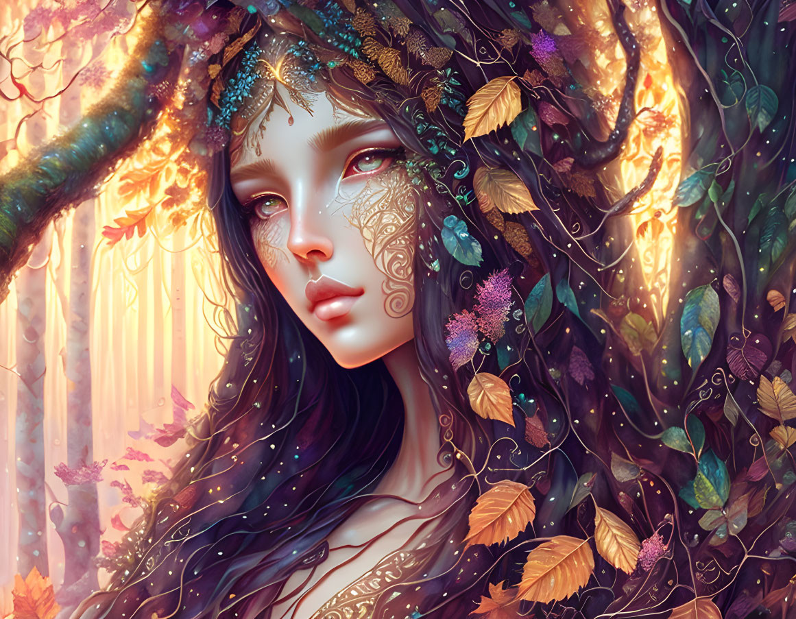 Fantasy illustration of woman with leaf-like tattoos in autumn setting