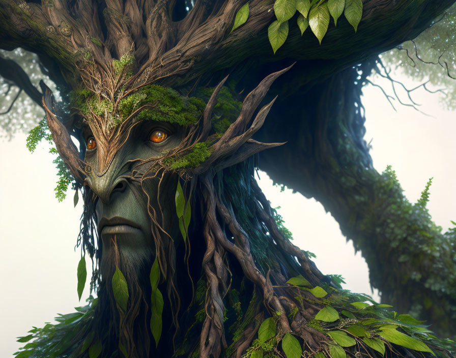 Mystical tree creature with human-like face and glowing eyes