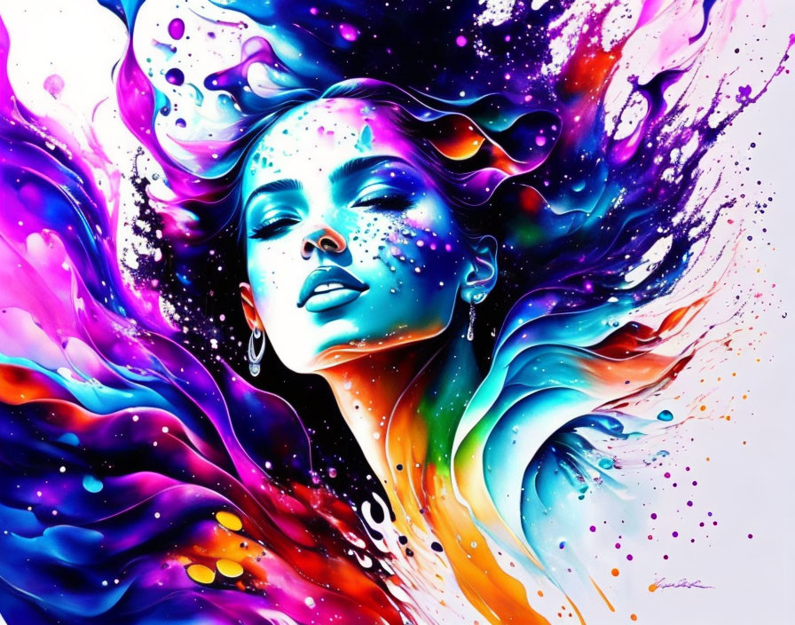 Colorful Abstract Digital Artwork of Woman with Flowing Elements