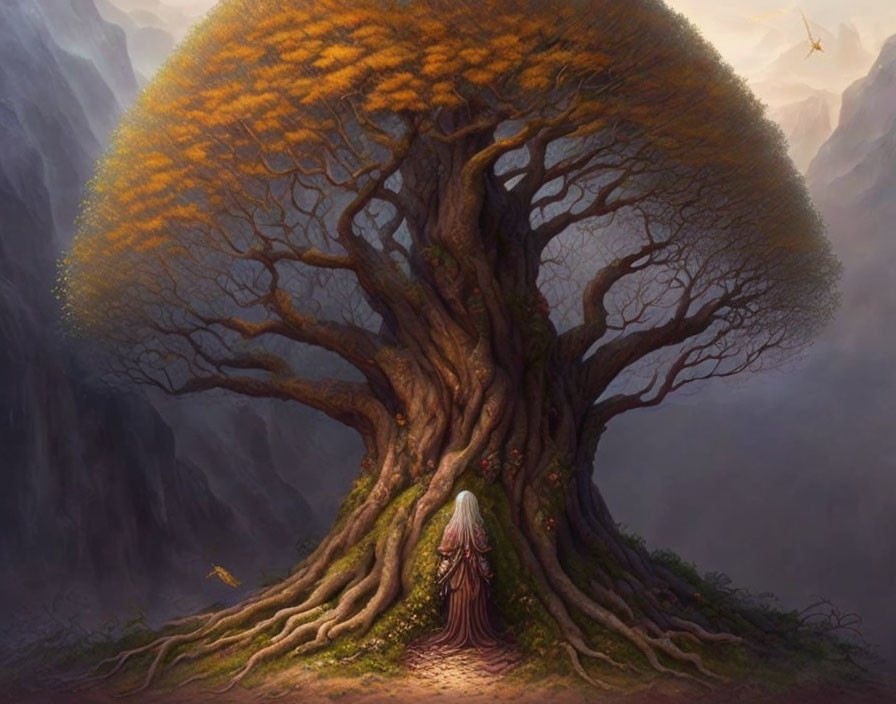 Majestic tree with golden canopy in misty mountain setting