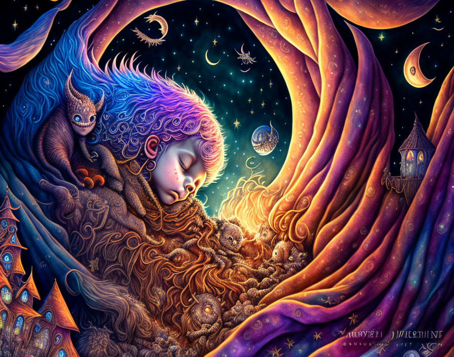 Child Sleeping Surrounded by Galaxies, Creature, and Castles