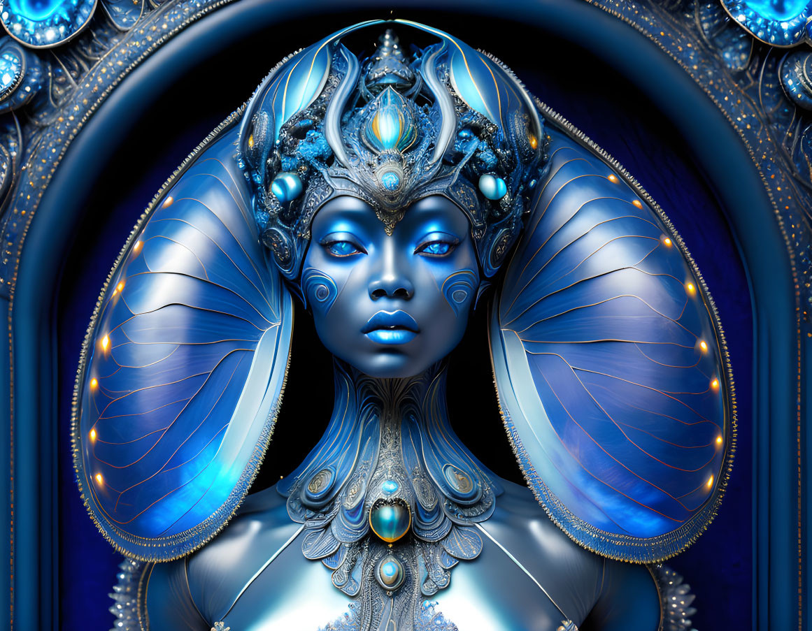 Digital Art: Female Figure with Blue Skin and Ornate Headdress