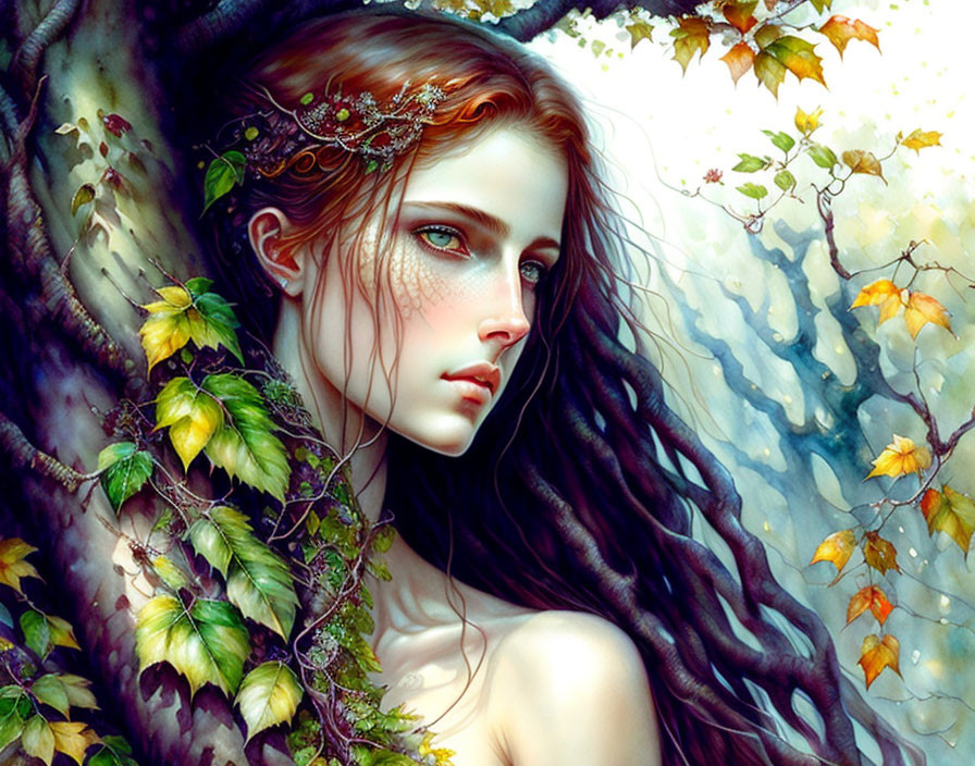 Colorful digital artwork featuring woman with leafy headdress in fantasy setting