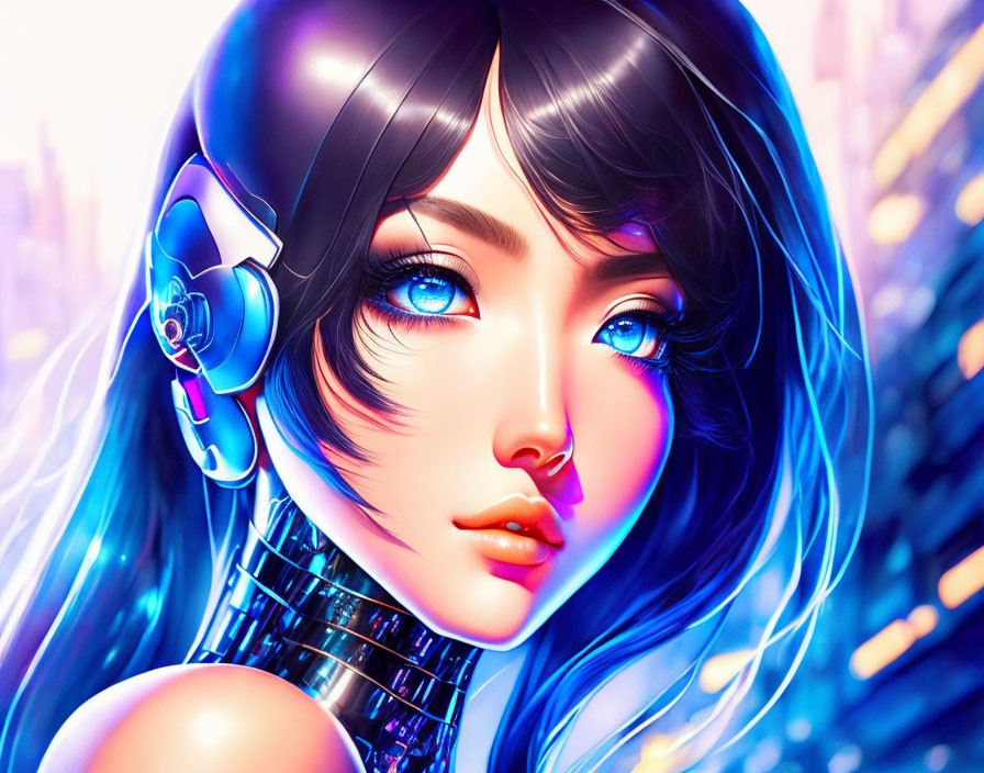 Digital artwork of female character with blue eyes in headset against neon-lit cityscape.