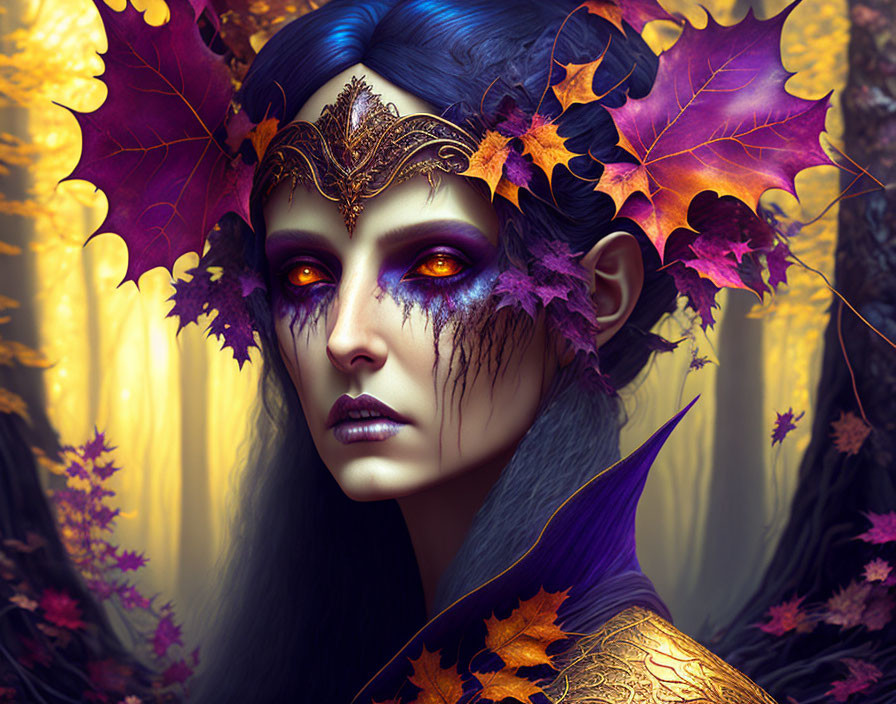 Violet-skinned female figure with purple eyes and ornate crown among autumn leaves