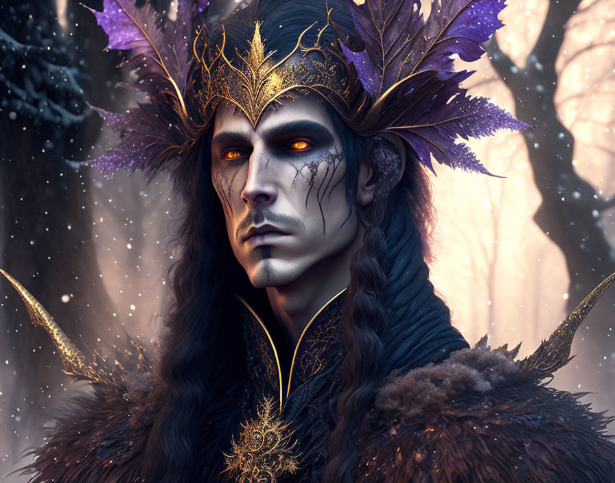 Mystical male figure with golden crown and red eyes in wintry forest