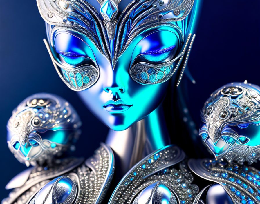 Digital artwork featuring female figure with metallic ornamentation and serene blue complexion