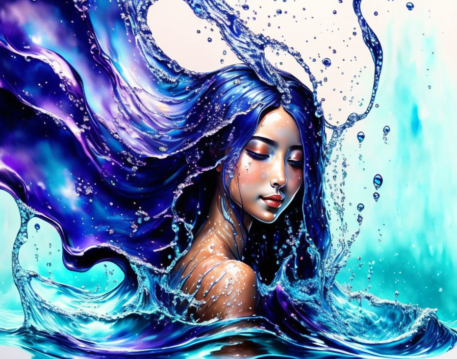 Artistic Illustration: Woman merging with splashing water in shades of blue