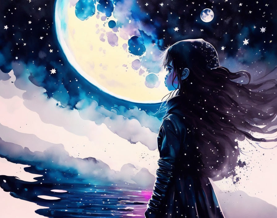 Stylized illustration of girl under vivid moon in dreamy nightscape