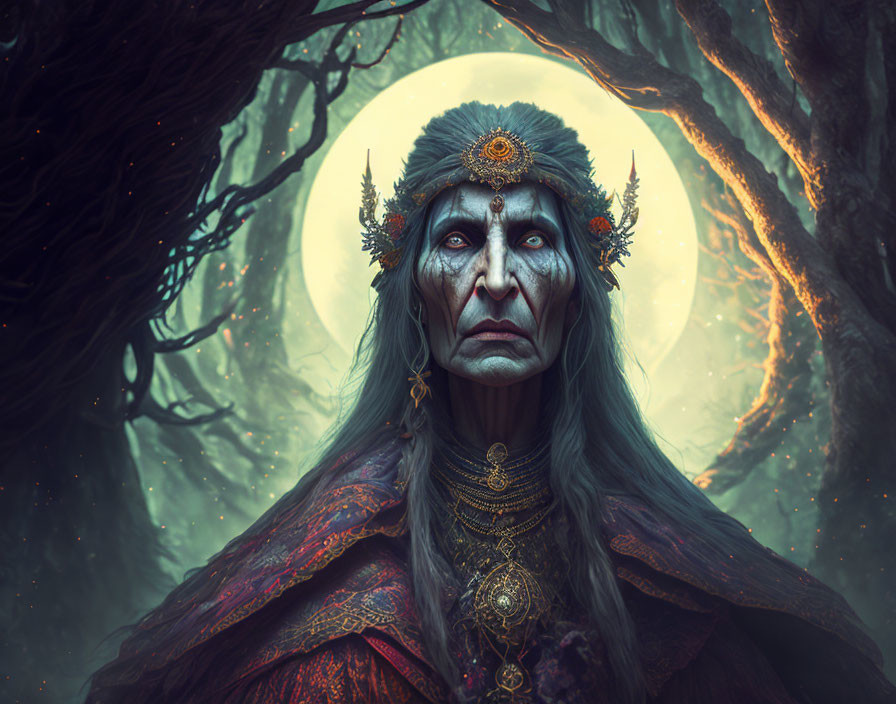 Elder in Tribal Headdress Stands in Moonlit Forest