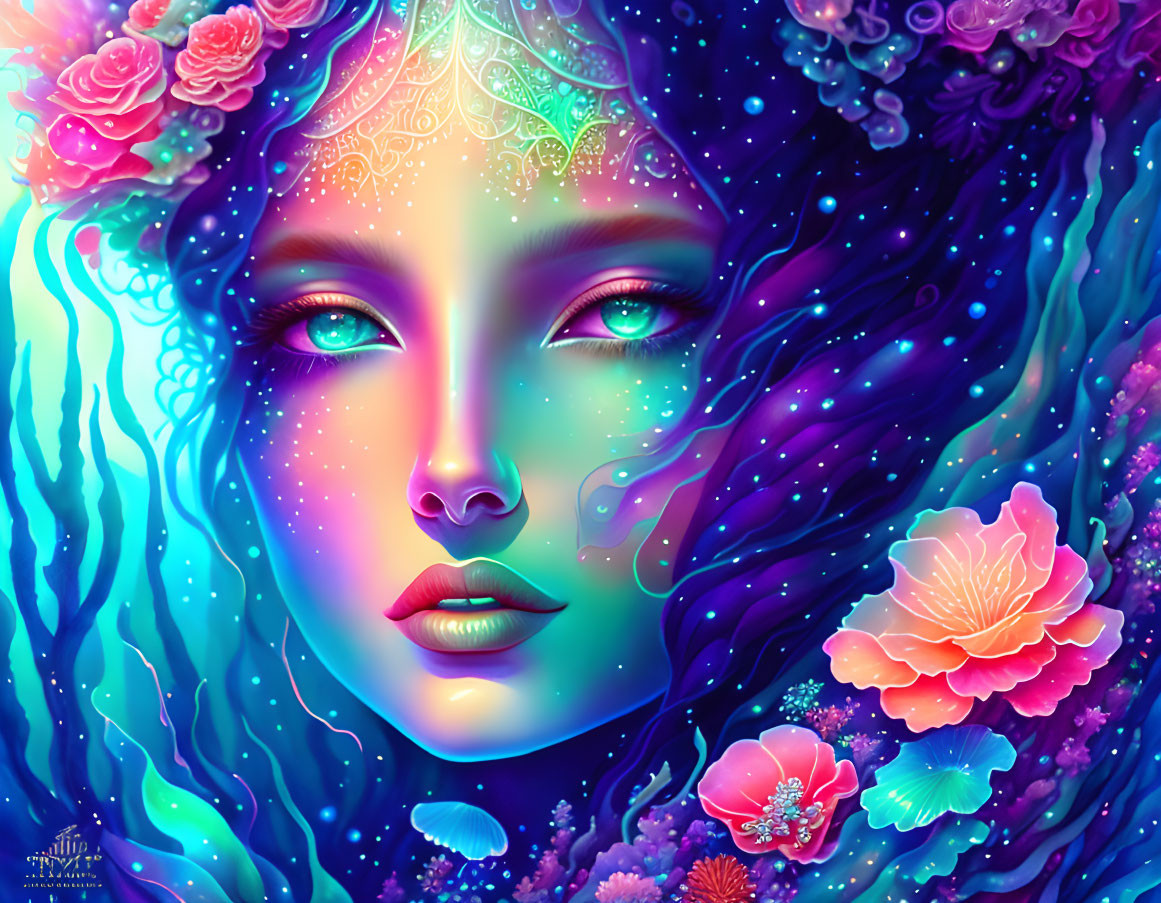 Colorful digital portrait of woman with flower hair against neon backdrop