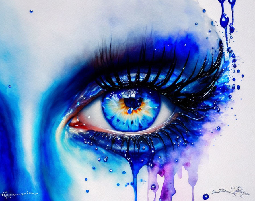 Detailed Watercolor Painting of Vibrant Blue Eye with Dripping Ink