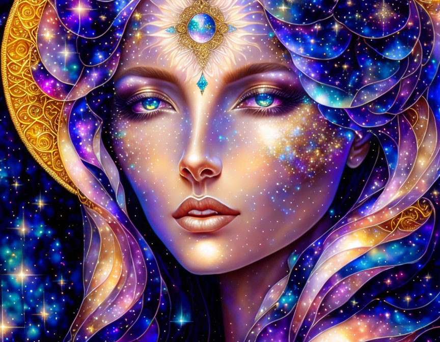 Digital Artwork: Woman with Cosmic Skin and Celestial Jewelry