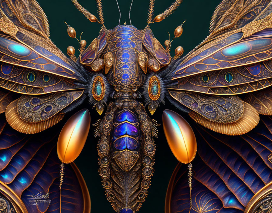 Symmetrical Digital Artwork of Stylized Insect with Intricate Patterns