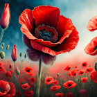 Detailed Red Poppy Field Against Dreamy Blue Background