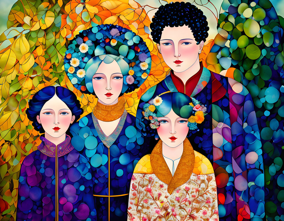 Colorful Artwork Featuring Four Figures in Decorative Clothing and Floral Headpieces