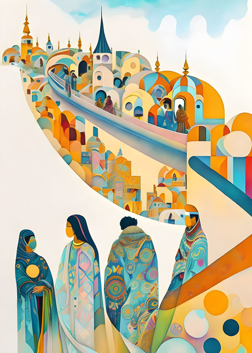 Colorful surreal artwork with figures in patterned garments and whimsical cityscape.