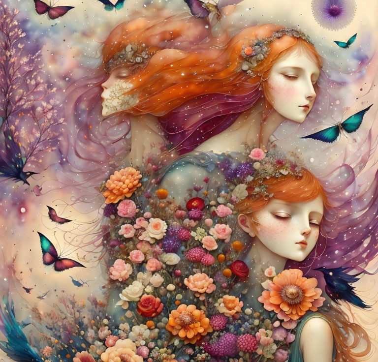 Ethereal illustration: Two women with flowing hair, flowers, and butterflies in dreamlike setting