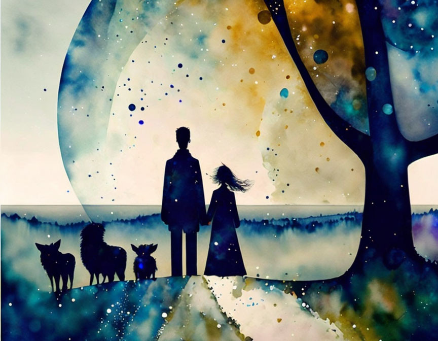 Silhouetted figures and wolves under cosmic tree with vibrant celestial colors.