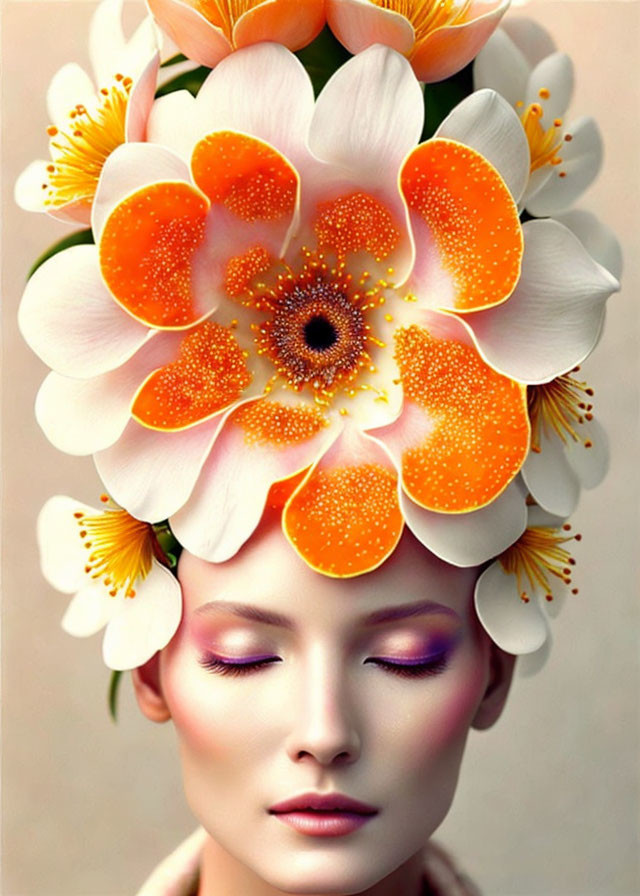 Woman with closed eyes and floral headpiece in harmonious makeup palette.