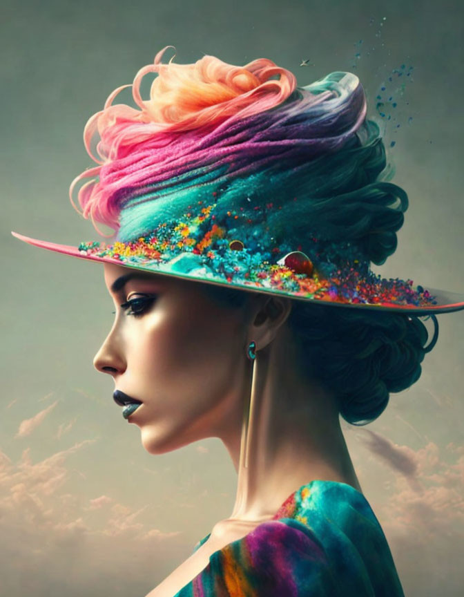 Colorful Swirling Hair Woman Profile with Vibrant Hat