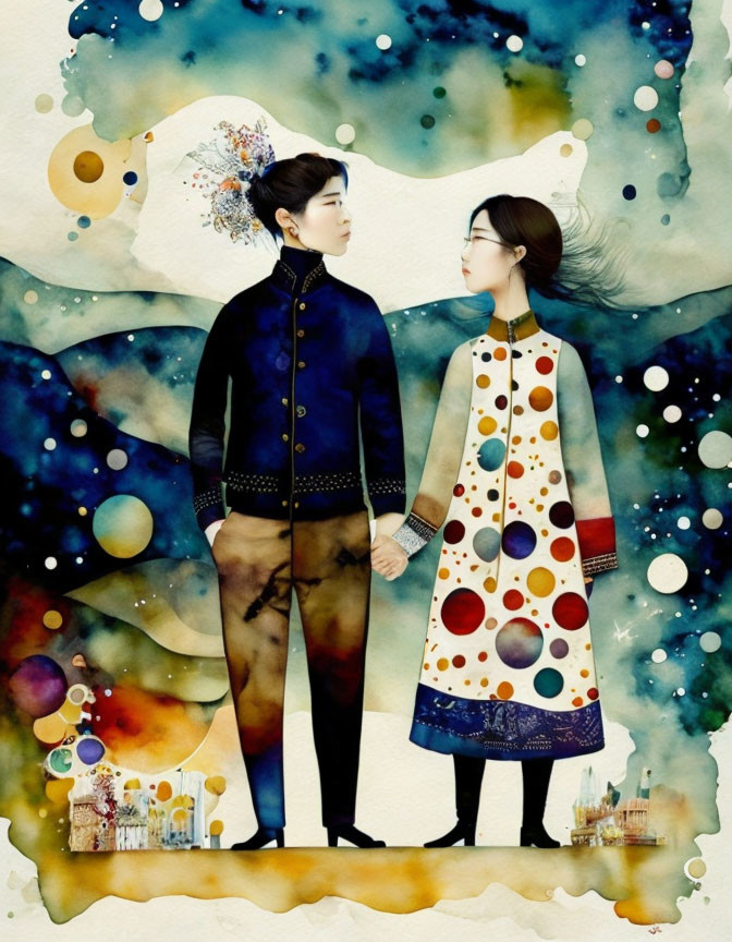 Illustration of young couple blending cityscape and nature in watercolor.