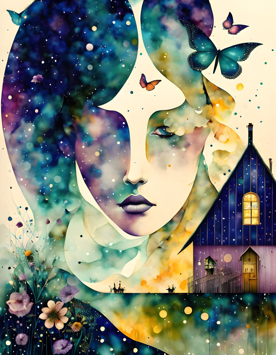 Silhouette of woman in starry night sky with butterflies, house, flowers