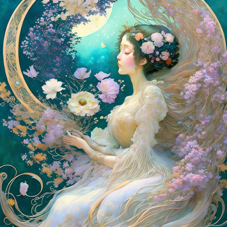 Woman with Flowing Hair and Flowers in Moonlit Floral Setting