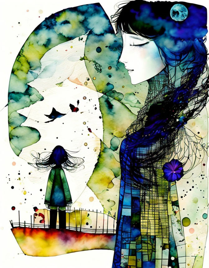 Profile of a woman with dark hair in watercolor against an abstract background with boat, birds, and