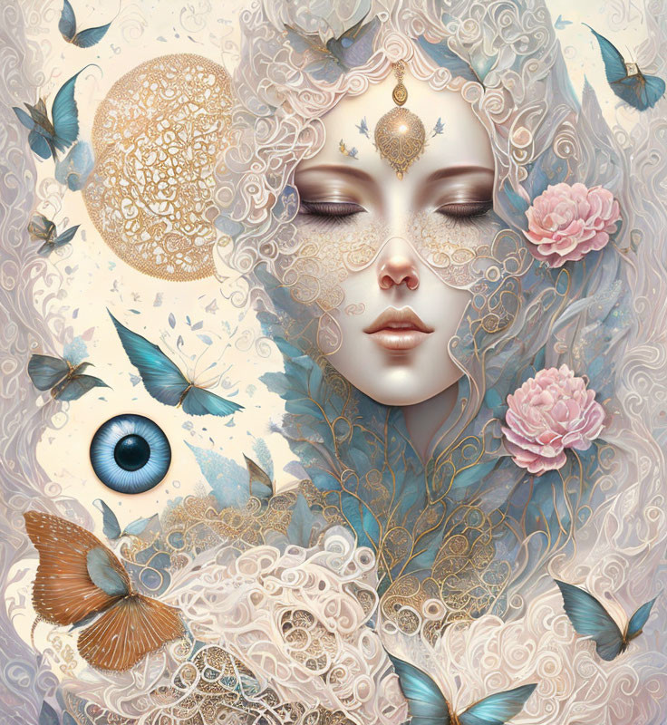 Ethereal artwork featuring woman's face with golden jewelry, butterflies, flowers, eye, and celestial