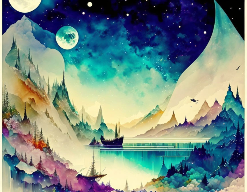 Colorful mountain landscape with lake, boat, night sky, stars, and moons.