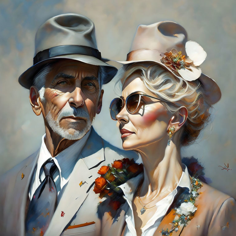 Elderly Couple in Vintage Attire with Flowers and Hats